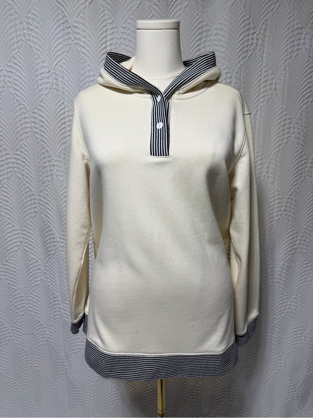Lands’ End Serious Sweats Cream Hooded Sweatshirt with Navy Stripe Trim- Size LP